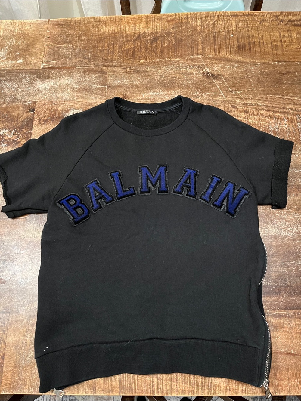 Balmain Black Short Sleeve Side Zip Appliqué Logo Sweatshirt